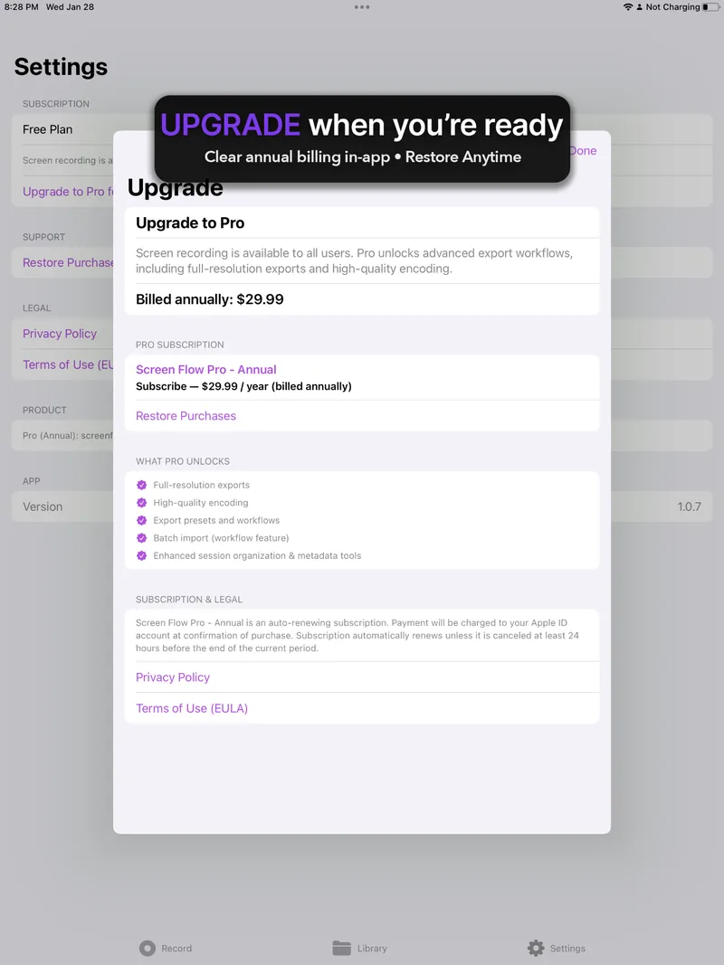 Upgrade — annual subscription and restore purchases