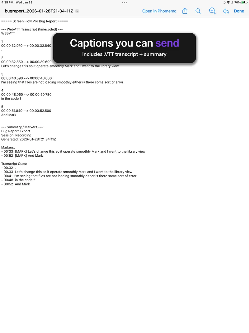 Bug Report mode Pro — transcript and timestamped highlights