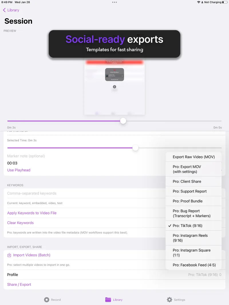 More export formats — MOV with settings for workflows Pro